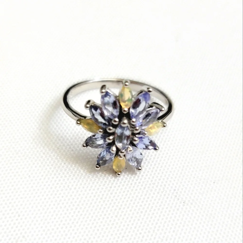 Genuine Tanzanite and Ethiopian Opal 925 Solid Sterling Silver Ring Size 7 - Picture 1 of 5